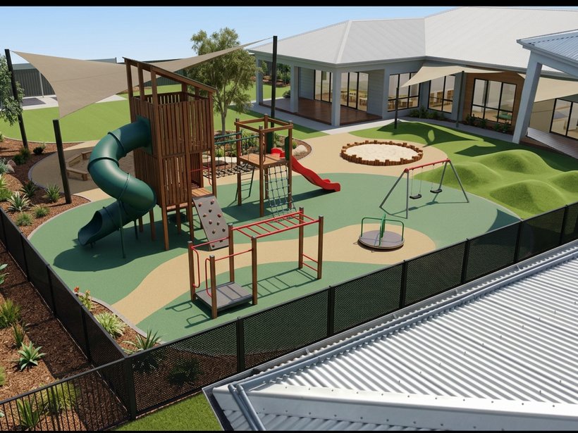 Aerial view of a childcare playground enclosed by Perf Safe fencing