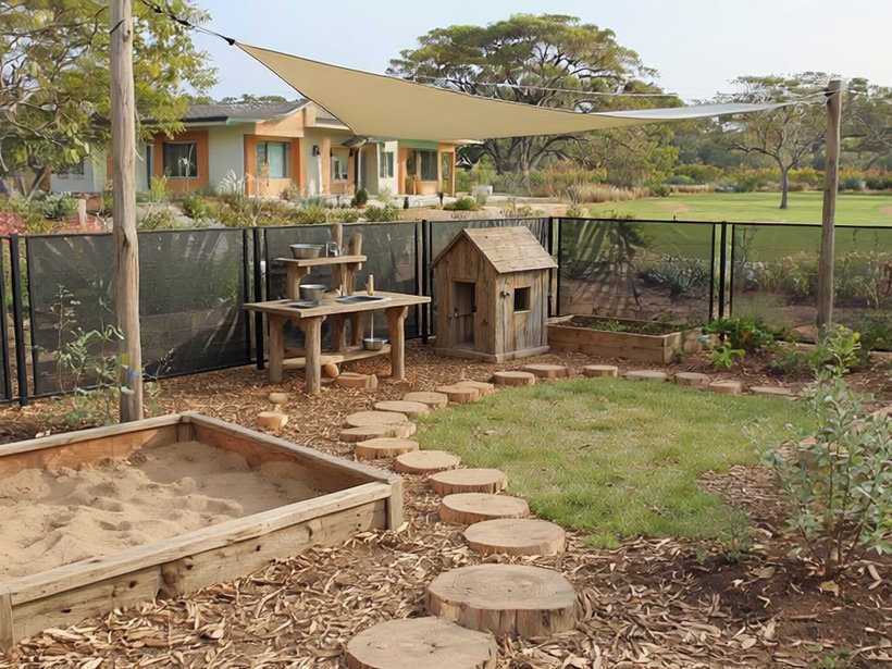 Aerial childcare play area with slide and sandpit behind Perf Safe fencing